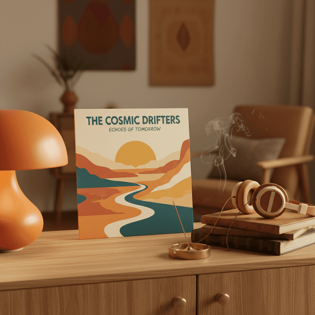 미드센츄리 모던 크리덴자에 놓인 비닐 레코드 커버 목업 이미지.