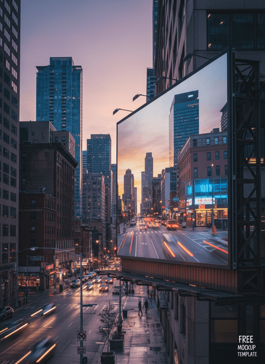 황혼녘 도시 거리의 옥외 광고판 목업, 주변 도시 조명을 반사.