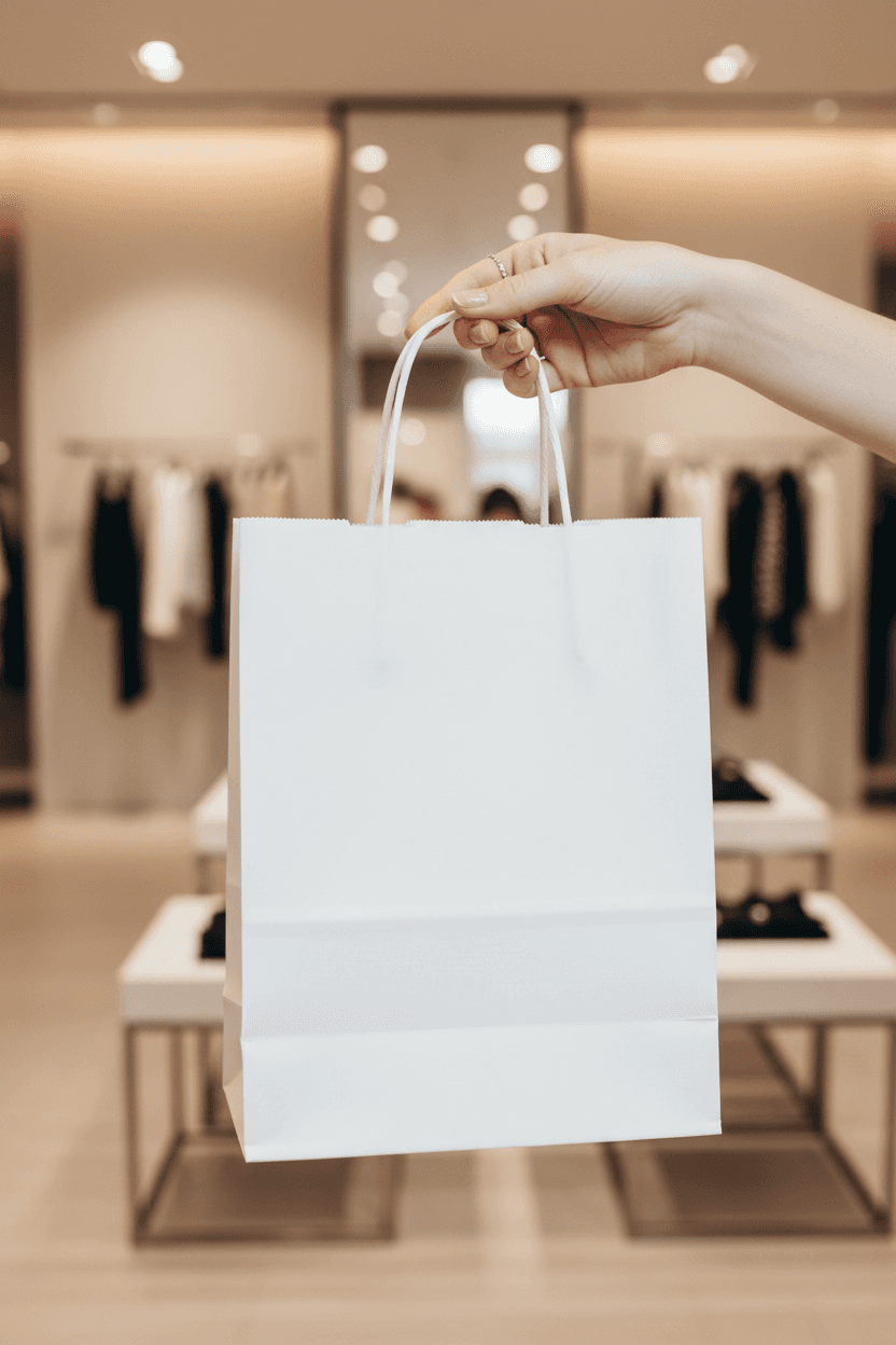 한 사람이 로고를 넣을 수 있는 하얀 종이 쇼핑백을 들고 흐릿한 현대적인 부티크 앞에서 서 있습니다. 브랜드 표시를 위한 것입니다.