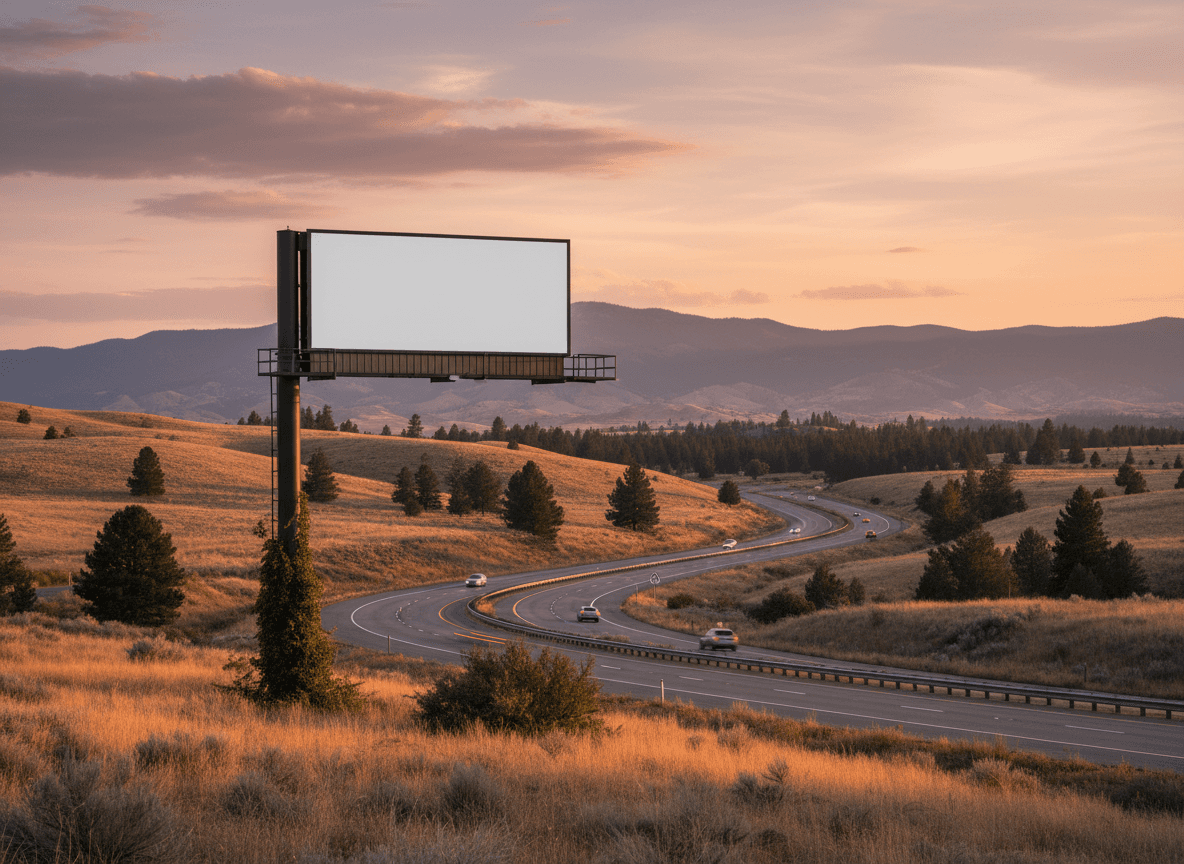 황혼녘 고속도로 옆에 있는 직사각형 빌보드 목업 이미지.