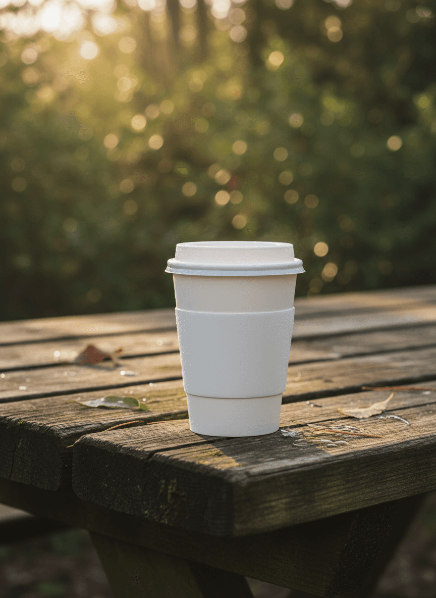야외 피크닉 테이블 위에 놓인 일회용 커피 컵 목업 이미지.
