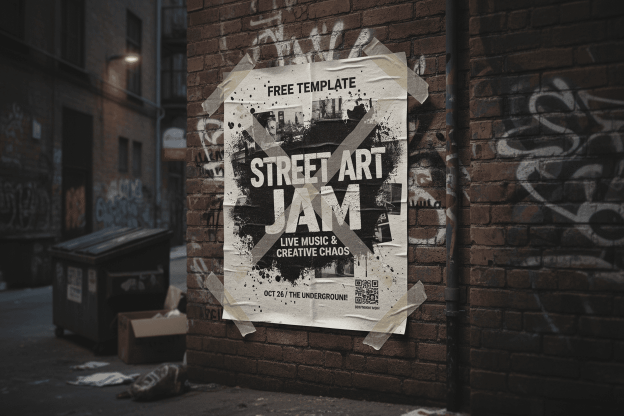 도시 골목 벽돌 벽에 테이프로 붙여진 포스터 목업, 그런지 미학.