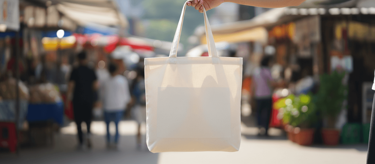 손으로 들고 있는 흰색 캔버스 토트백 목업.