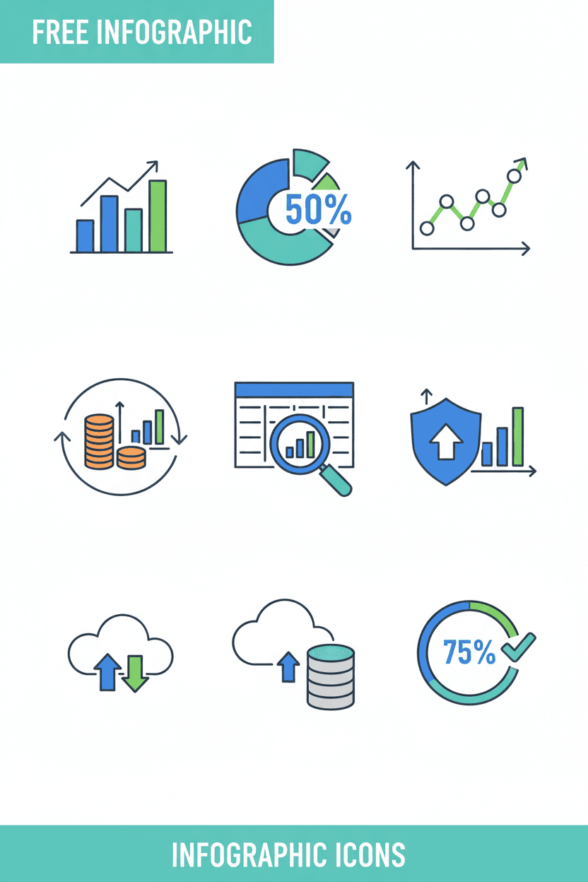 차트, 그래프, 백분율 등 데이터 시각화 개념을 나타내는 인포그래픽 디자인 무료 아이콘.