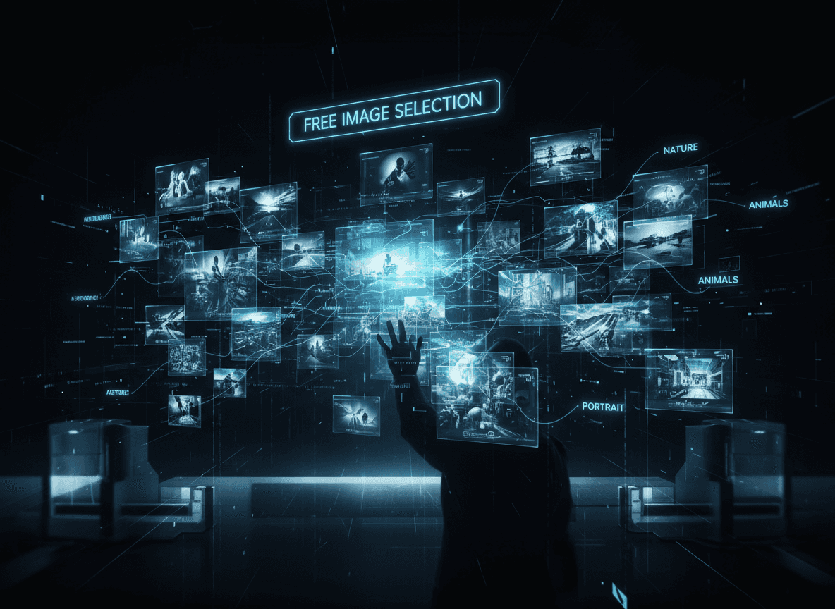 미래 지향적인 AI 인터페이스가 다양한 무료 이미지를 표시.