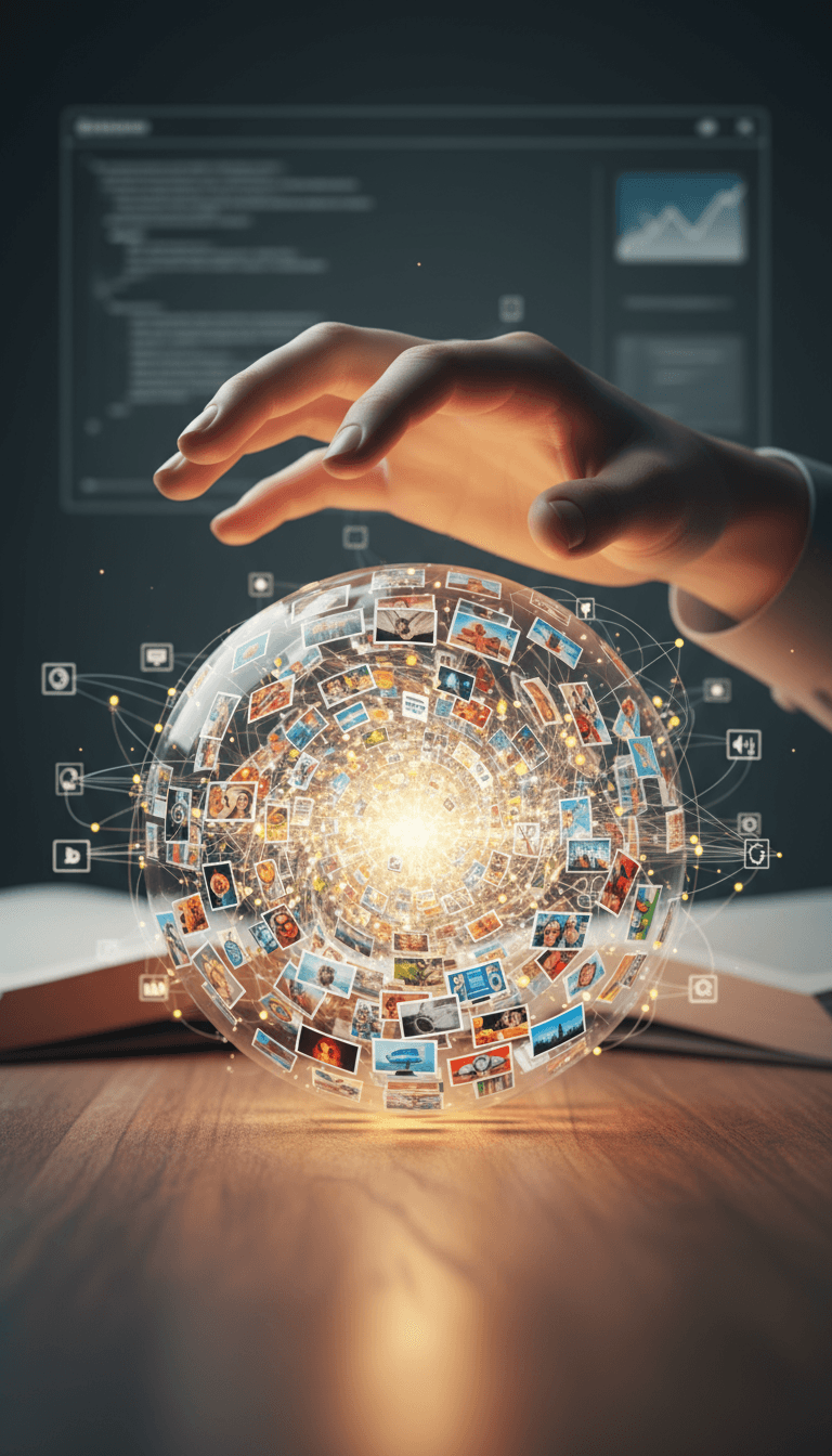 다양한 카테고리의 작고 상세한 이미지들로 정교하게 채워진 빛나는 구를 잡으려 부드럽게 손을 뻗는 모습, 쉽고 직관적인 무료 콘텐츠 이용 가능성을 상징, 매크로 사진 스타일.