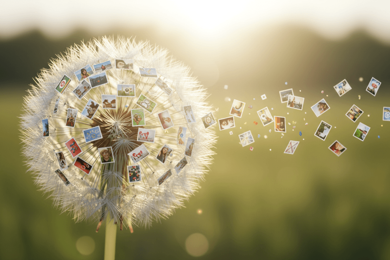 각각의 씨앗 솜털이 작은 사진인 민들레 씨앗 머리, 광범위한 무료 이미지 배포를 상징하며 바람에 날아감.