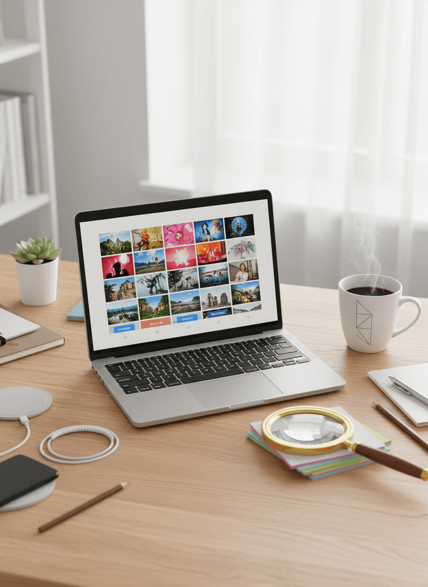 노트북 화면에 생생하고 쉽게 다운로드 가능한 이미지 갤러리가 보이는 깔끔한 책상의 오버헤드 뷰.