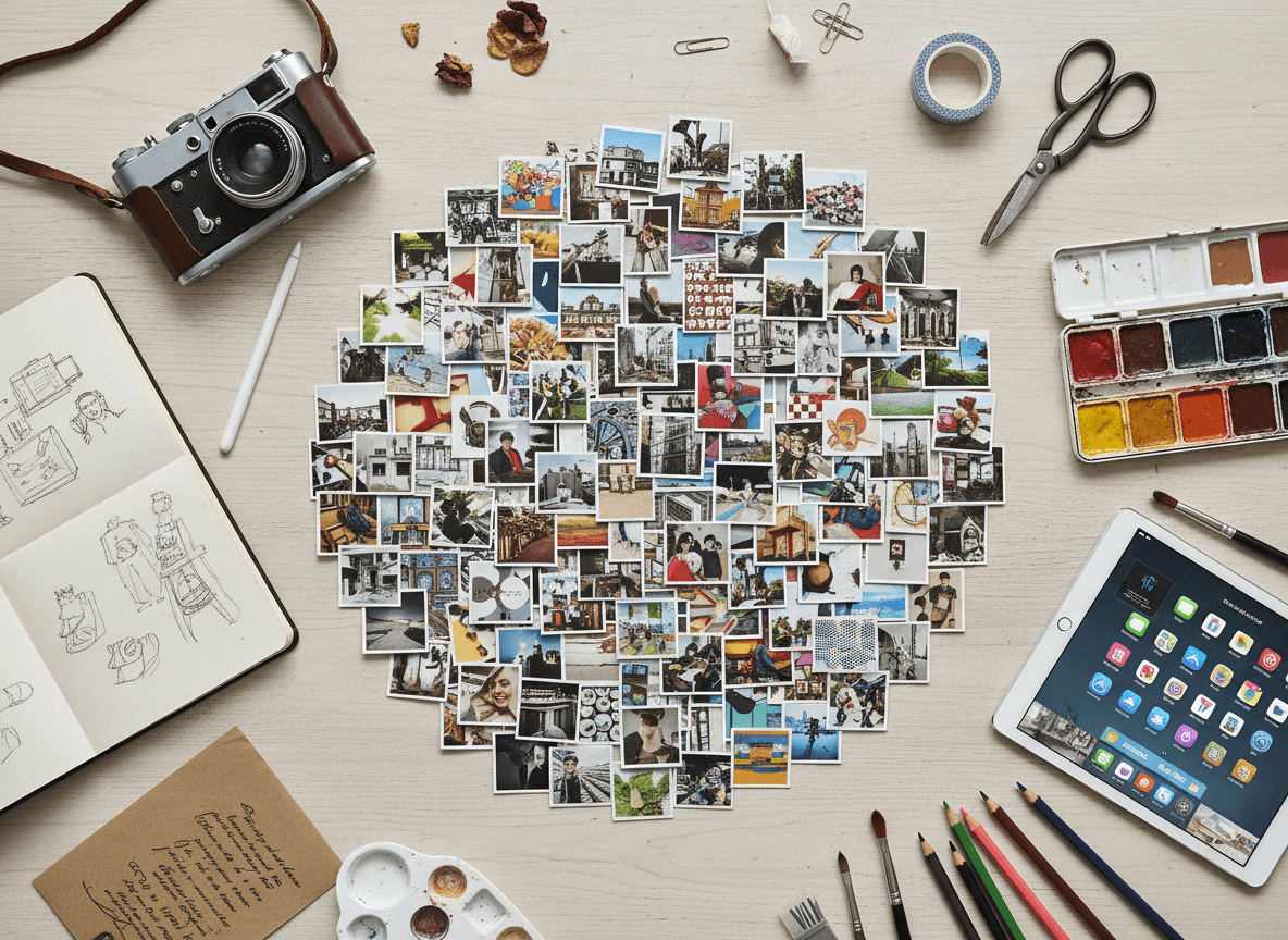 다양한 창작 도구(빈티지 카메라, 열린 스케치북, 현대적인 태블릿)가 중앙에 작고 다양한 이미지의 풍부한 모자이크와 함께 아름답게 배치된 평면 구성, 광범위한 활용성을 나타냄, 탑다운 사진.