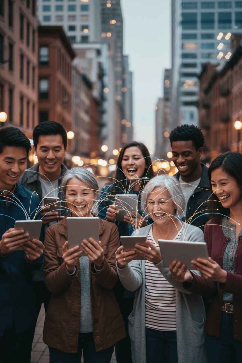 다양한 사람들이 기기에서 이미지를 공유하고 보는 모습, 빛나는 선으로 연결되어 무료 이미지의 보편적 접근과 공동체를 상징.