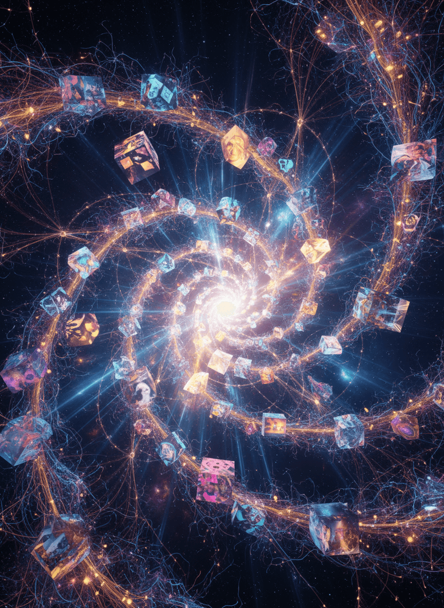 스타일화된 이미지 모양의 데이터 패킷이 광대하고 복잡하게 연결된 신경망을 통해 자유롭게 흐르는 추상적이고 역동적인 표현, 방해받지 않는 무료 시각 정보의 순환을 상징, 디지털 추상화.