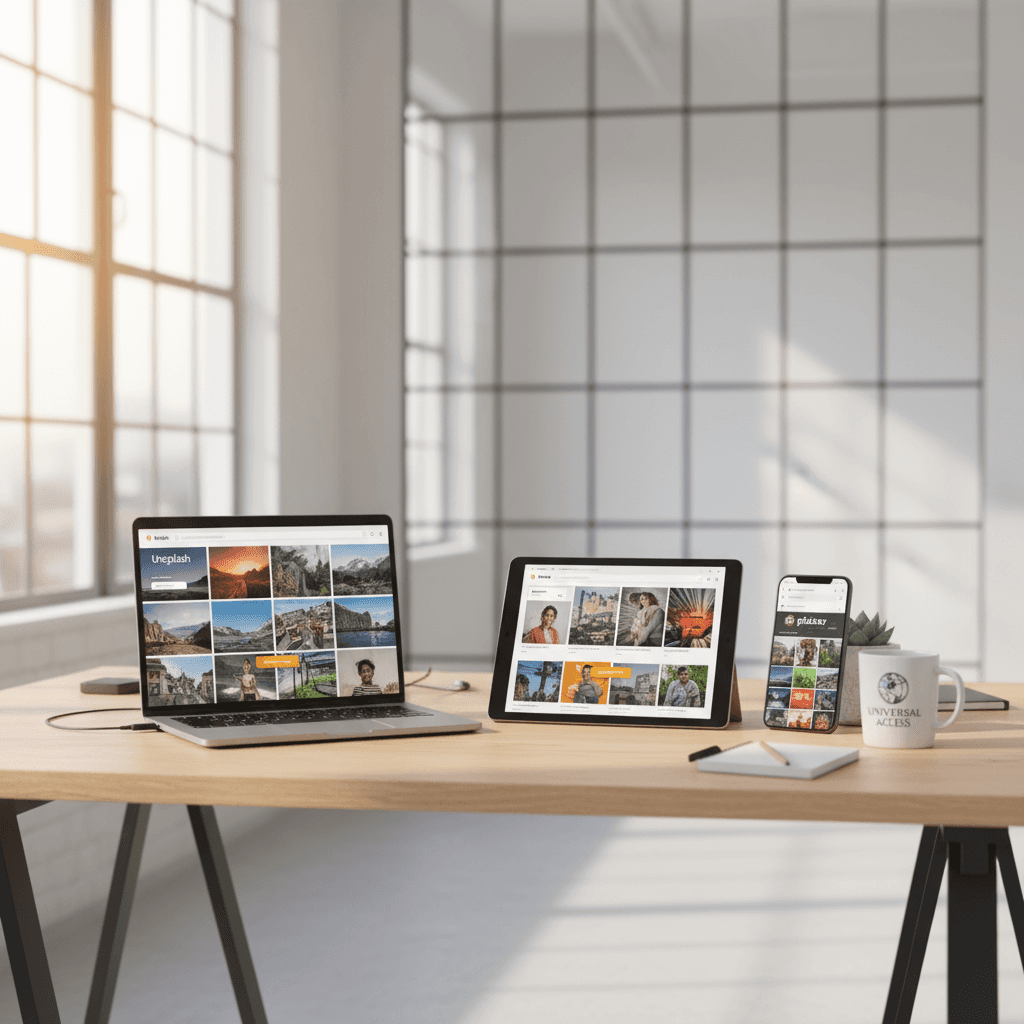 다양한 기기(노트북, 태블릿, 스마트폰)가 고품질 무료 이미지 다운로드 웹사이트를 표시하고 있는 현대적이고 햇살 가득한 창의적인 작업 공간, 보편적인 접근성과 편의성을 강조, 밝은 스튜디오 사진.