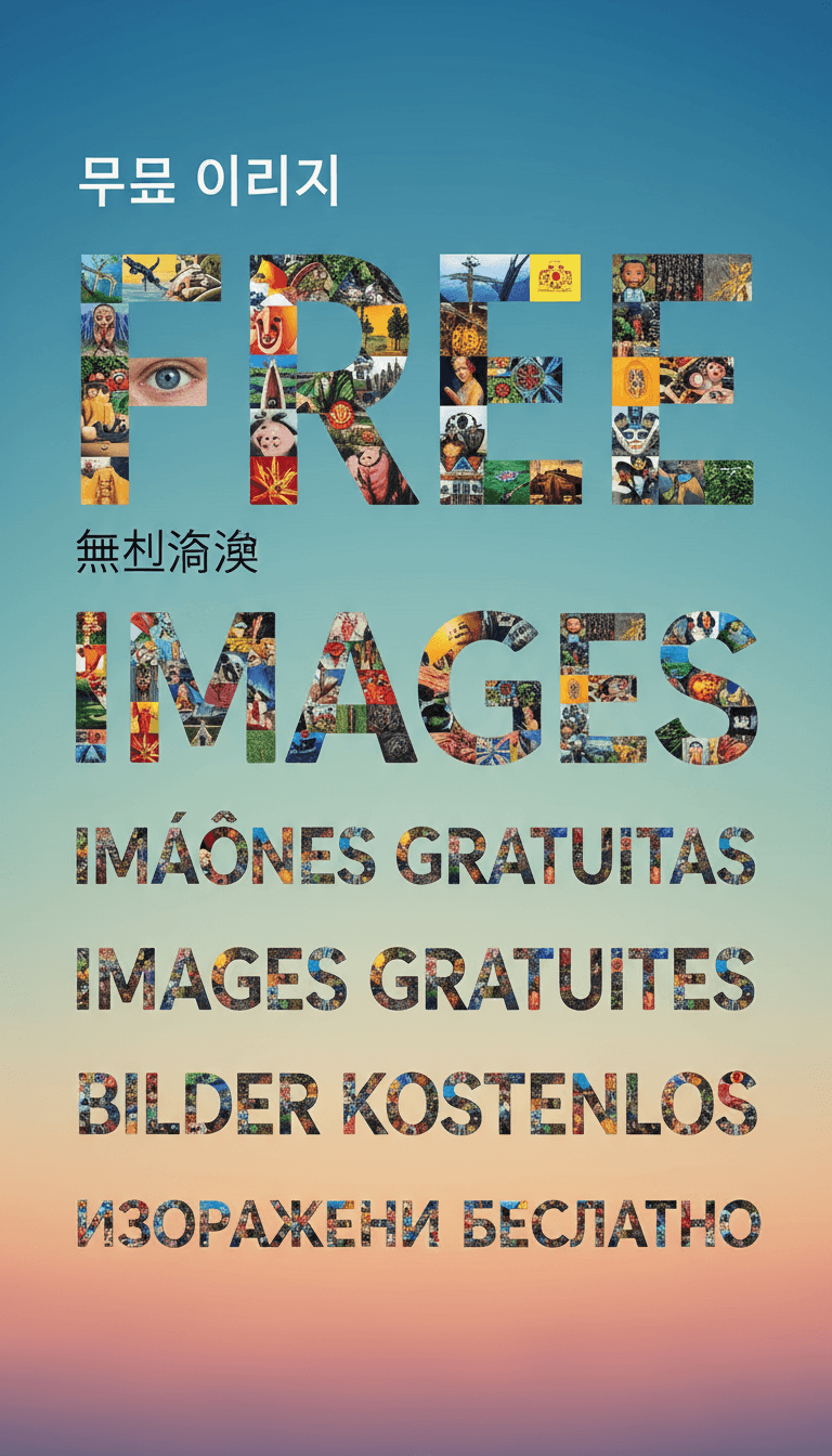 여러 언어로 된 '무료 이미지' 문구가 사진 요소와 어우러진 타이포그래피 아트.