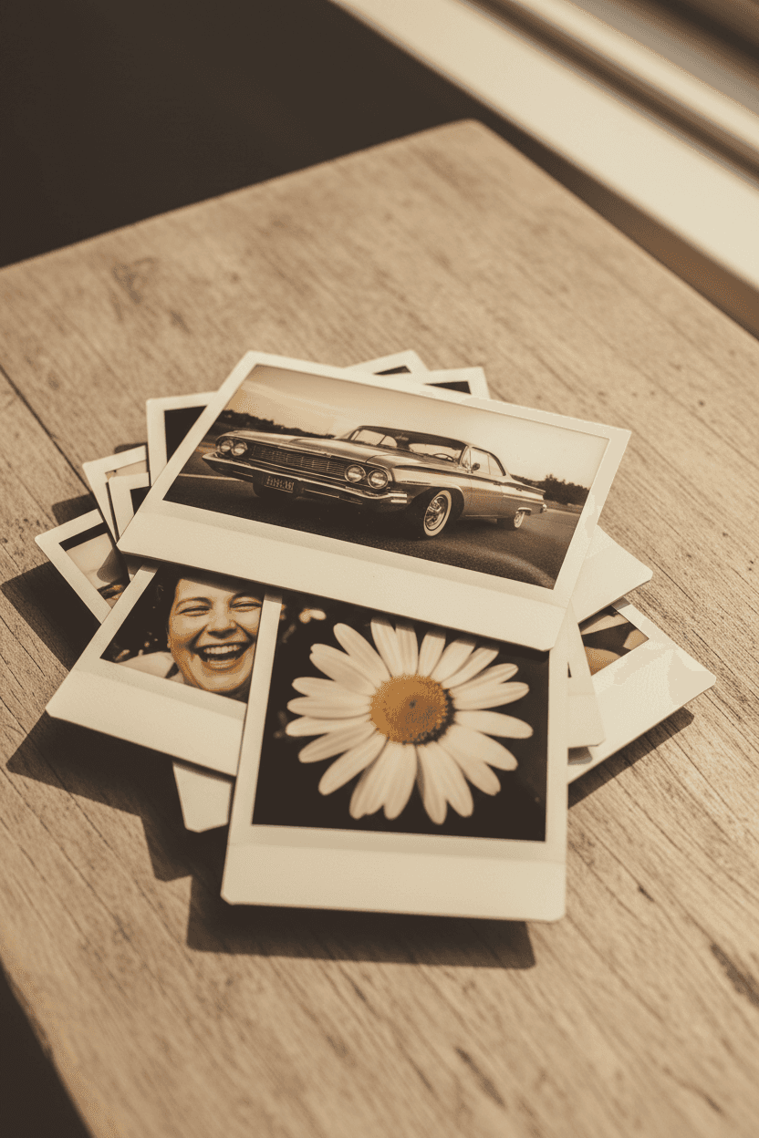 각각 독특한 무료 이미지를 담은 빈티지 폴라로이드 사진 더미.