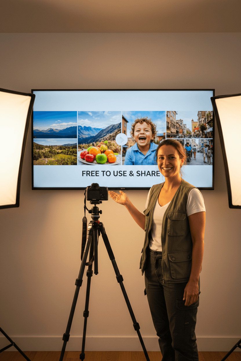 사진 작가가 자신의 고품질 무료 이미지를 디지털 화면에 전시하는 모습.