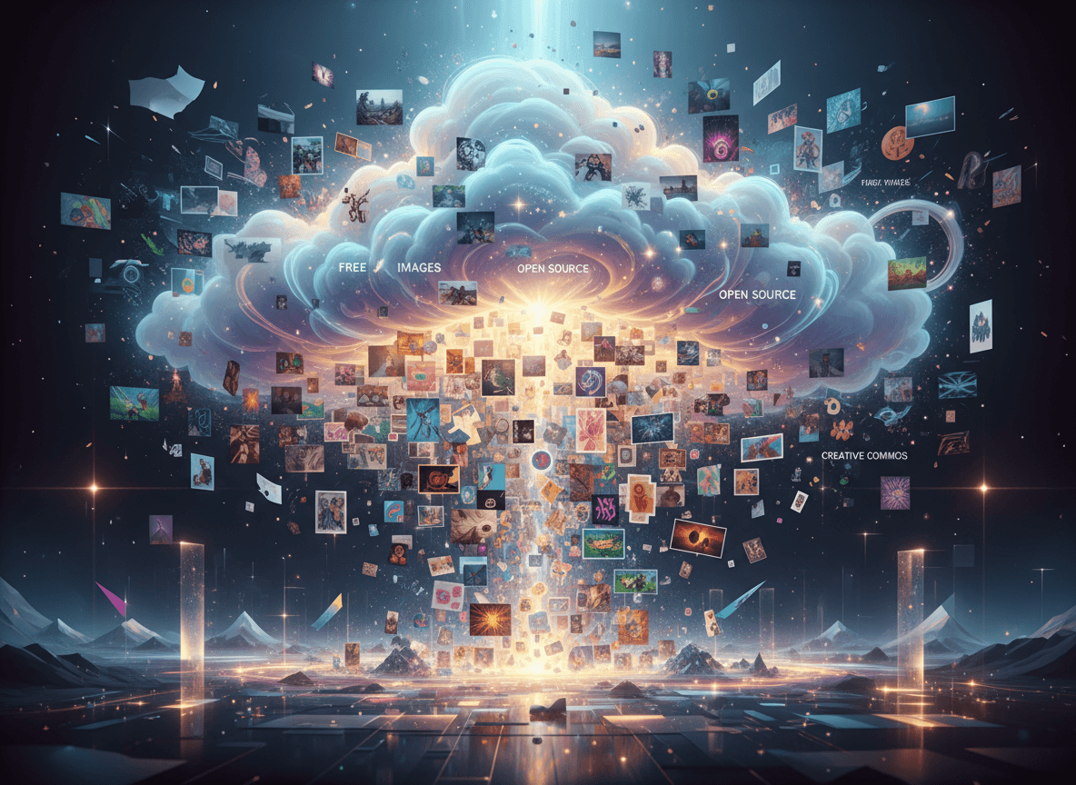 다양한 디지털 사진과 일러스트가 마법처럼 빛나는 신비로운 구름 속으로 끊김 없이 흘러들어가는 생동감 넘치는 디지털 아트, 풍부한 무료 이미지 자료를 상징.