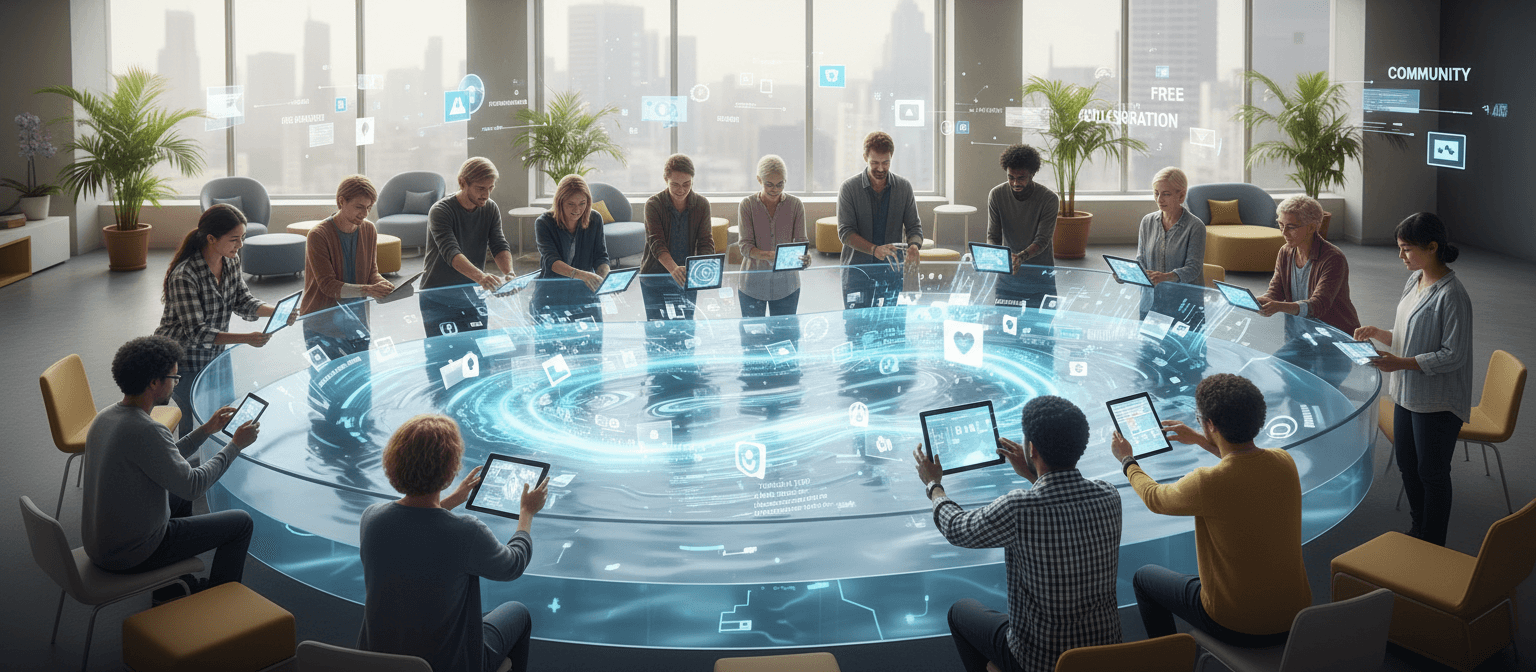 다양한 배경을 가진 다문화 사람들이 대형 인터랙티브 스크린에 있는 공유된 투명한 디지털 풀에 이미지를 함께 추가하는 모습, 커뮤니티, 오픈 소스, 무료 기여를 보여줌, 협업 작업 공간.