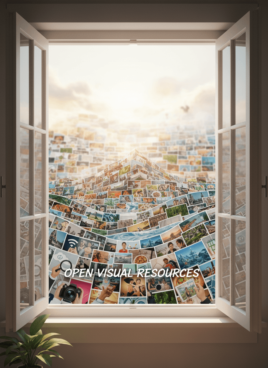 무료 이미지로 이루어진 광대한 풍경을 조망하는 열린 창문.