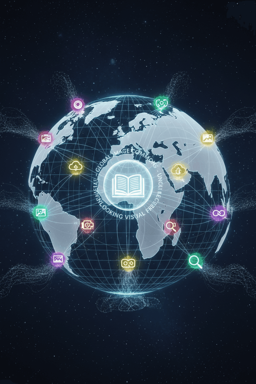 빛나는 글로벌 네트워크 그리드를 스타일화한 모습, 다양한 지리적 노드에서 생생하고 맥동하는 이미지 아이콘이 팝업되며, 전 세계적인 무료 이미지 가용성과 접근성을 상징, 미래 지도 시각화.