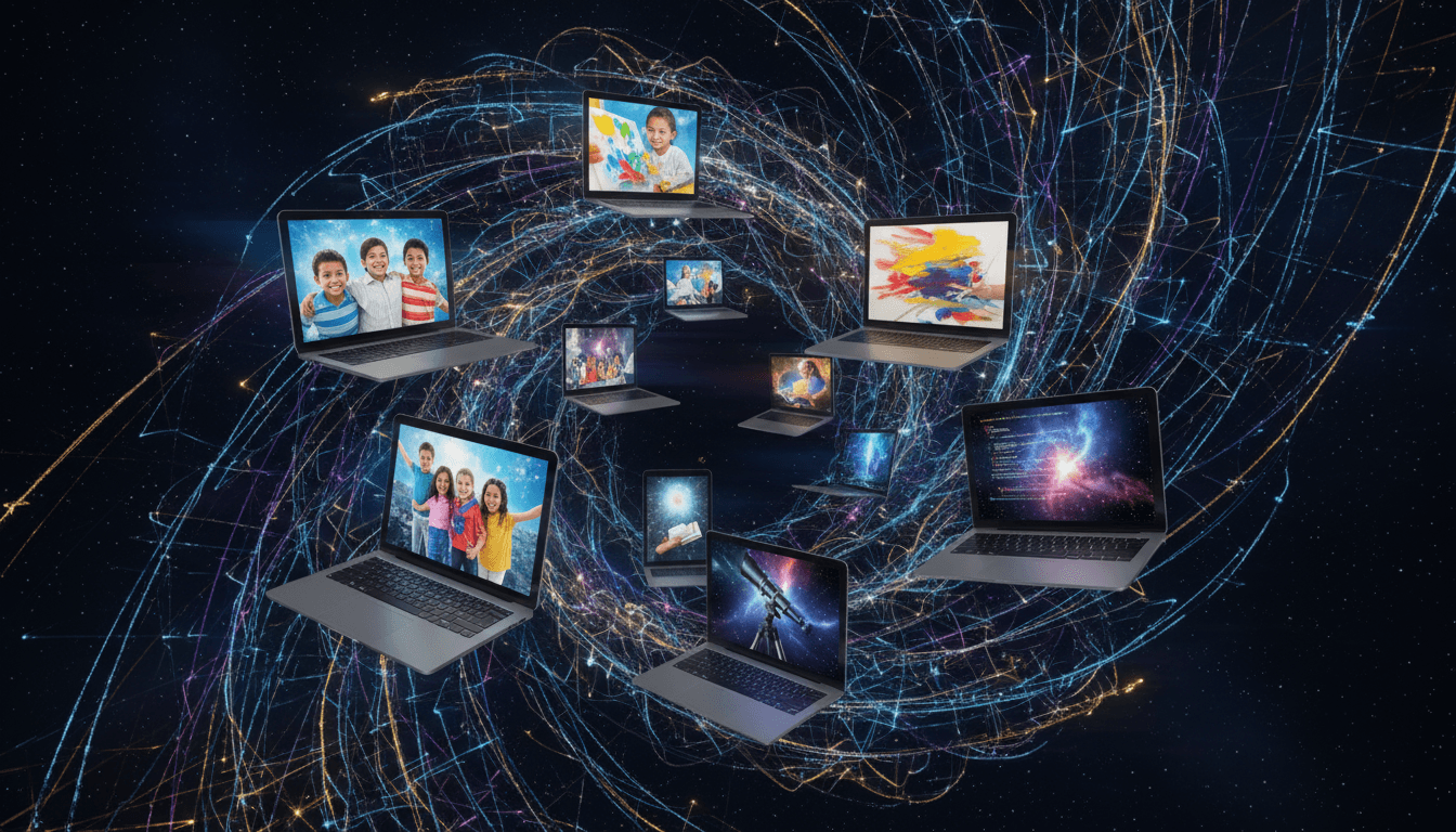 각각 고유하고 고품질 이미지를 표시하는 기기들을 연결하는 글로벌 네트워크, 보편적인 무료 접근을 상징.