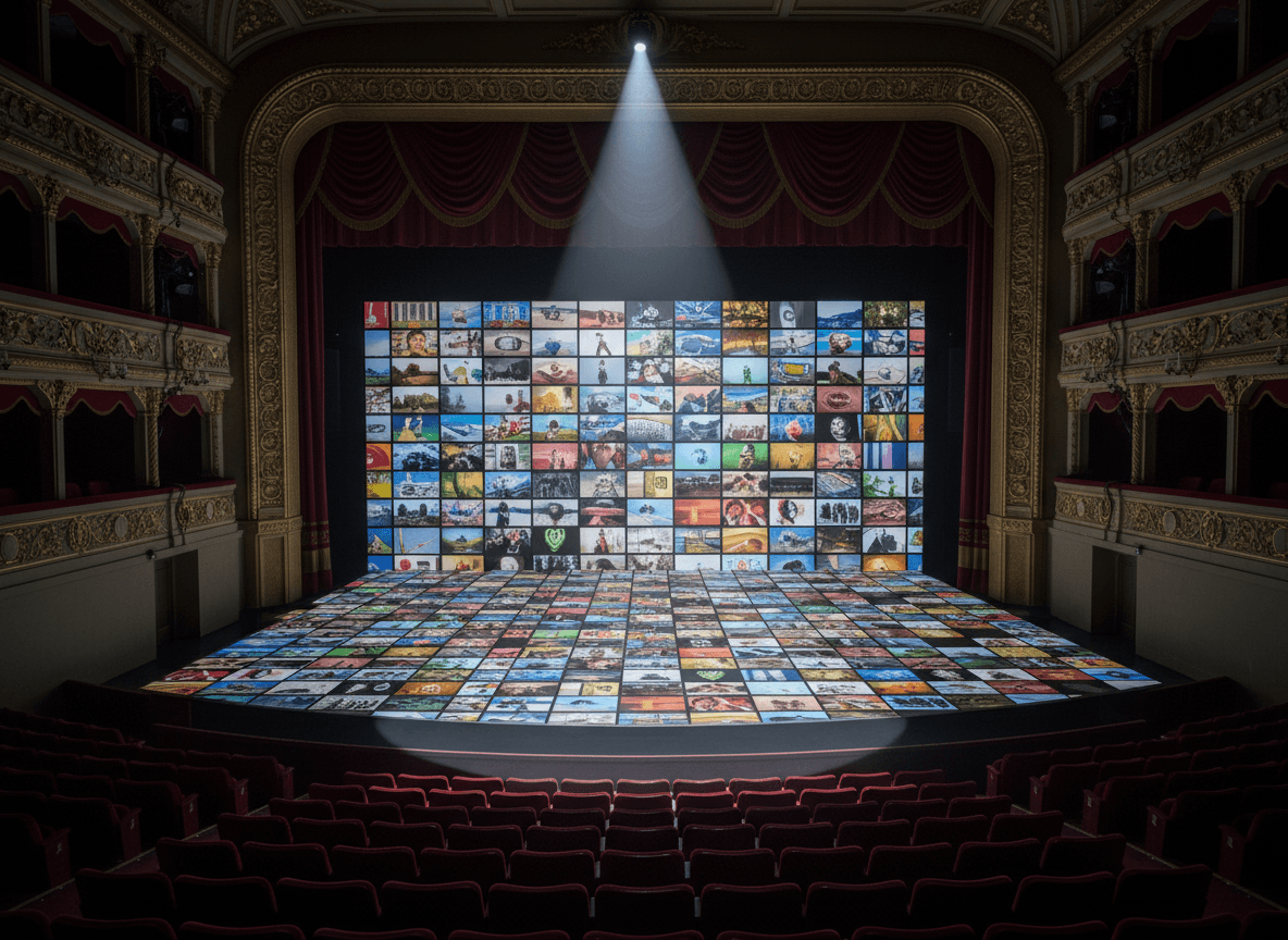 스포트라이트가 고화질 무료 이미지로 가득 찬 무대를 비추고 있음, 준비 상태를 나타냄.