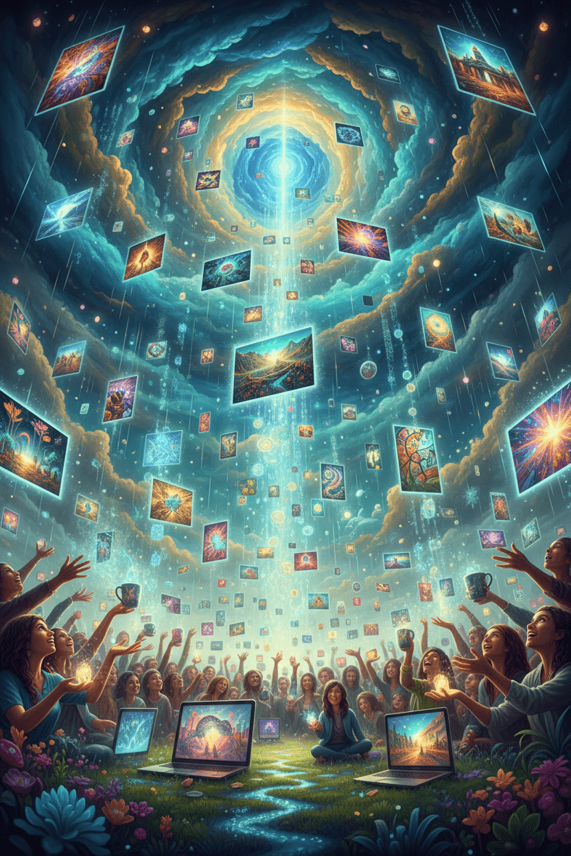 생생한 고해상도 이미지가 문자 그대로 스타일화된 하늘에서 비처럼 내려와 열린 손과 다양한 디지털 기기에 부드럽게 안착하는 기발하고 몽환적인 장면, 풍부함과 손쉬운 획득을 상징, 마술적 사실주의.