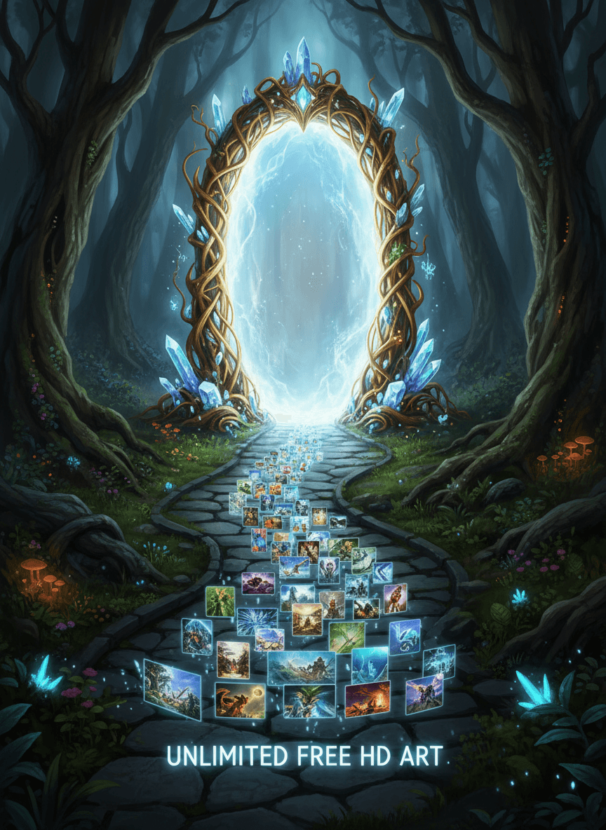 다양한 예술적인 이미지가 쏟아져 나오는 빛나는 열린 포털, 무제한적이고 쉬운 무료 이미지 접근성을 상징, 고화질, 판타지 스타일.