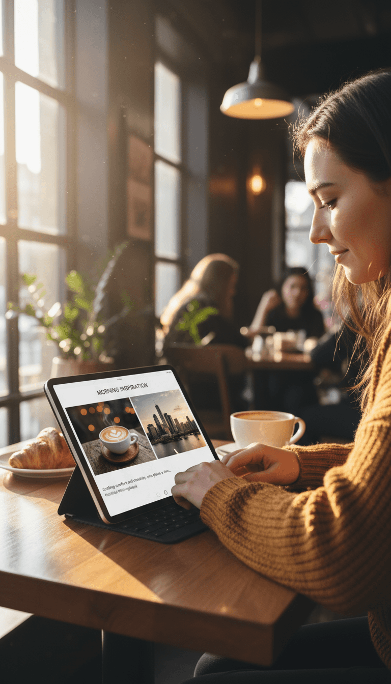 카페에서 무료 이미지를 사용하여 태블릿으로 블로그 게시물을 만드는 사람.