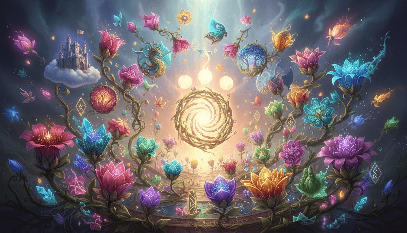 끝없이 성장하는 다채로운 이미지 정원으로 재해석된 '로딩' 애니메이션, 각 이미지는 창의적인 사용이 가능해지면서 정교한 디테일과 함께 만개하는 모습, 빛나는 요소가 있는 판타지 일러스트레이션.