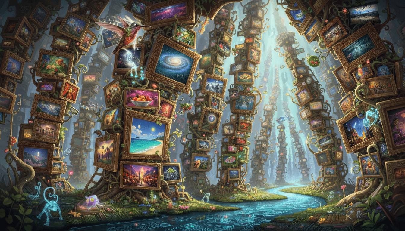 각기 다른 생생한 무료 이미지를 보여주는 사진 프레임으로 정교하게 쌓여 만들어진 나무들로 구성된 기발한 디지털 숲, 몰입감 있고 시각적으로 풍부한 환경을 조성, 기발한 일러스트레이션.