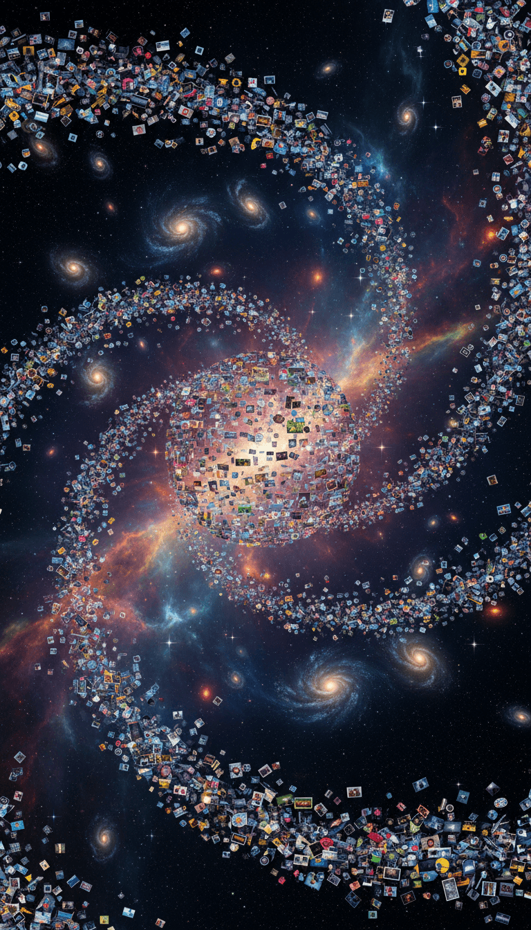 성운과 은하가 미세하고 복잡한 무료 이미지들의 소용돌이치는 덩어리로 형성된 우주 풍경.