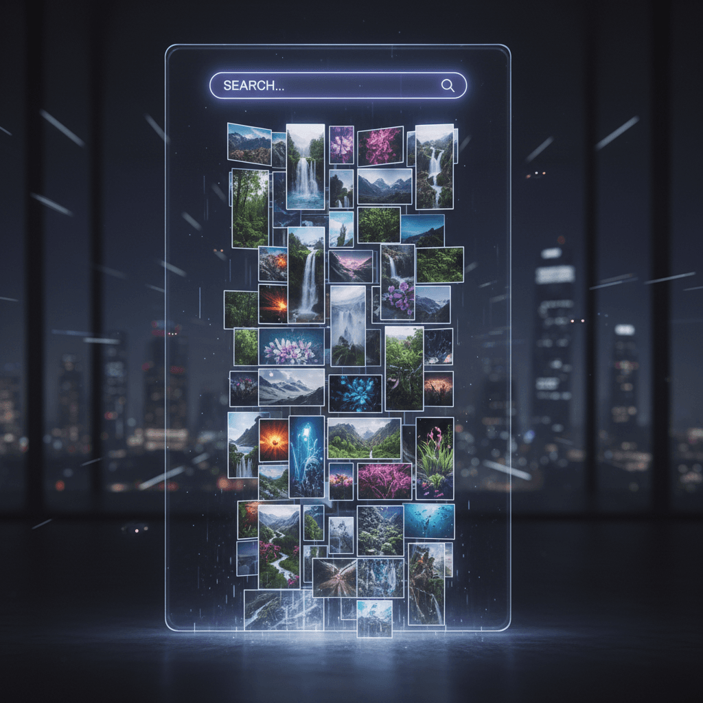 검색 바에서 멋진 이미지가 폭포처럼 쏟아지는 깔끔한 UI, 즉각적인 무료 액세스를 나타냄.