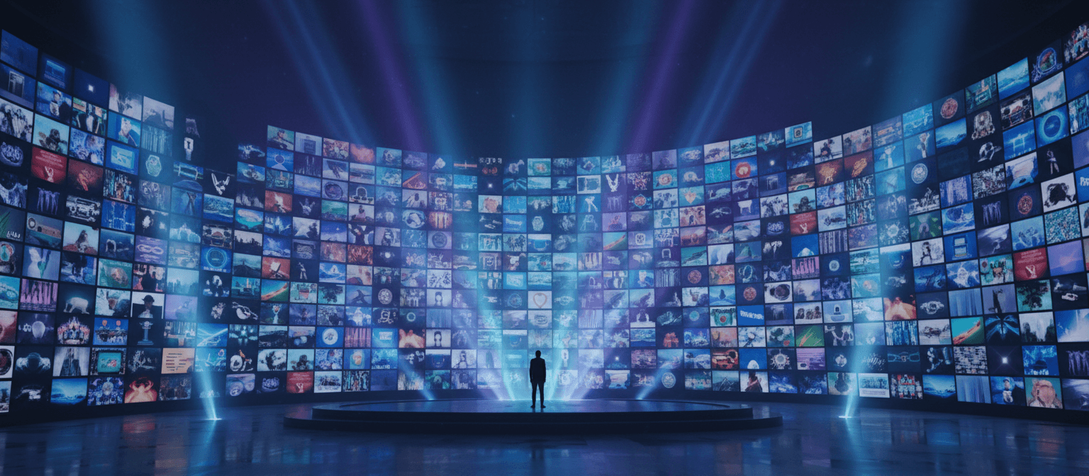 거대한 디지털 벽 앞에 서있는 실루엣, 다양한 무료 이미지의 끊임없는 몽타주를 통해 무한한 가능성을 보여줌.