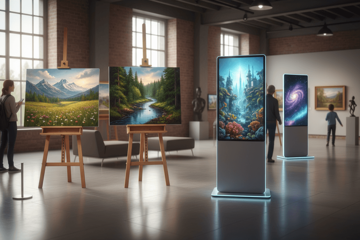 전통 예술과 디지털 예술이 융합된 고요한 풍경, 나무 이젤 위의 고전적인 캔버스와 현대적인 디지털 화면이 나란히 서 있으며, 둘 다 자연의 생생한 고품질 무료 이미지를 보여줌, 미술관 배경.