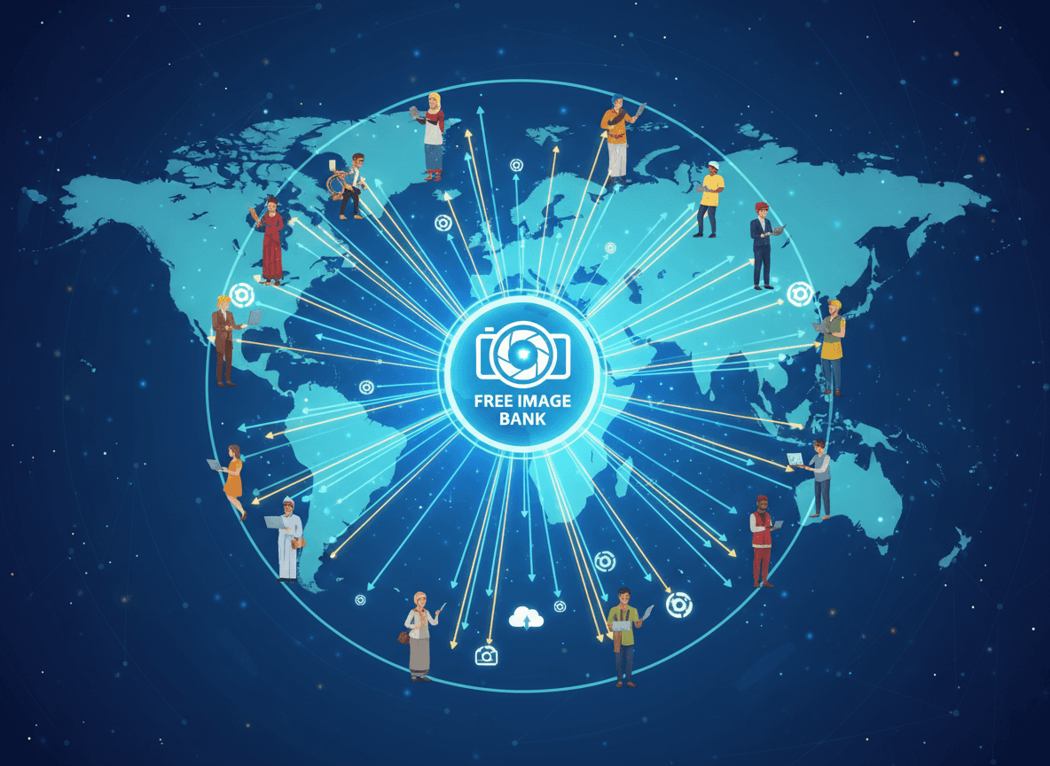 세계 각지의 사용자들이 중앙 무료 이미지 뱅크에 연결되어 콘텐츠를 다운로드하는 모습을 보여주는 인포그래픽입니다.