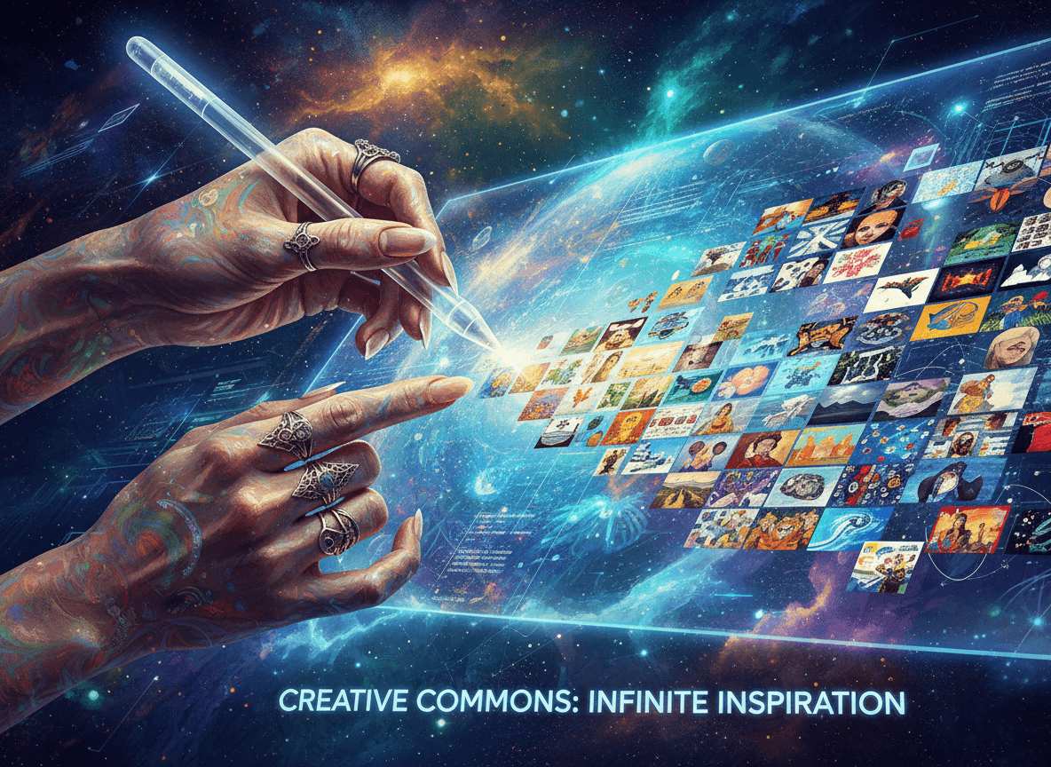 무료 이미지 사이트로부터 얻는 창의적 영감을 상징하며 붓으로 이미지를 만드는 손.