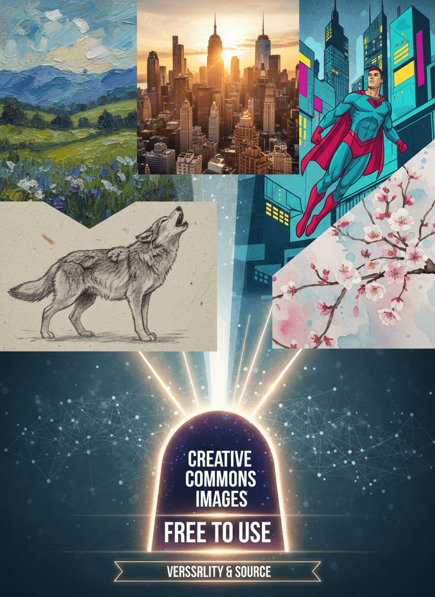 무료 이미지 웹사이트 포털에서 시작된 다양한 예술 스타일의 역동적인 몽타주.