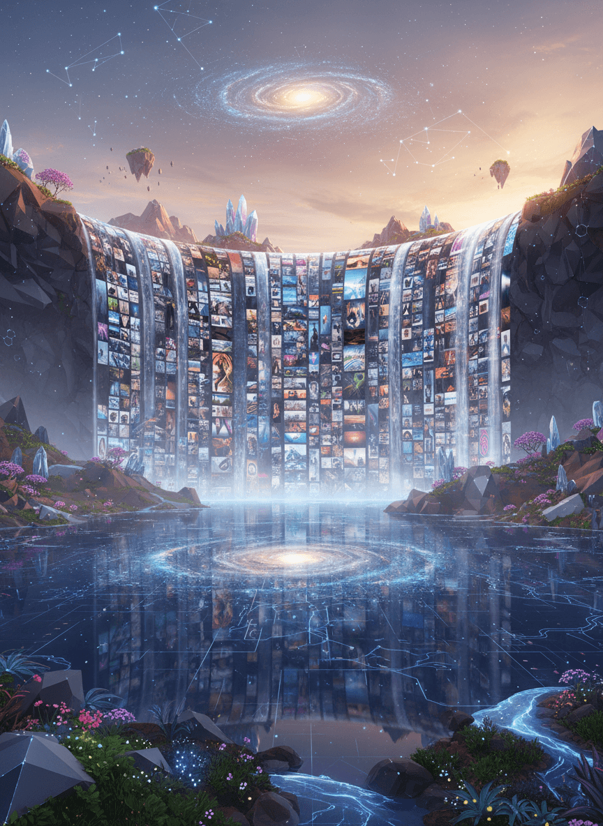 고해상도 사진으로 이루어진 디지털 폭포가 잔잔한 디지털 호수로 흘러들어 풍부한 무료 이미지 사이트를 나타냅니다.