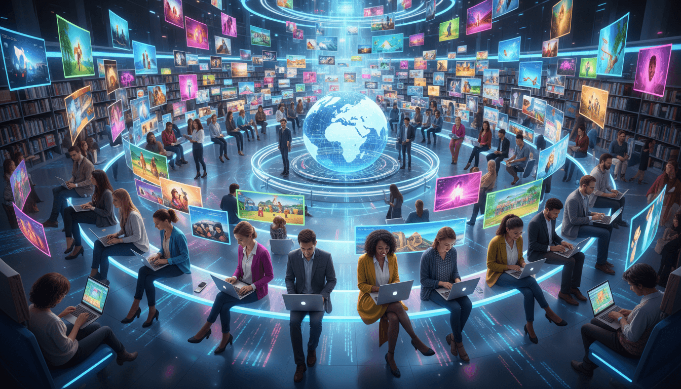 다양한 사람들이 노트북과 태블릿을 사용하여 빛나는 디지털 이미지 라이브러리를 탐색하는 모습으로, 무료 이미지 사이트를 상징합니다.
