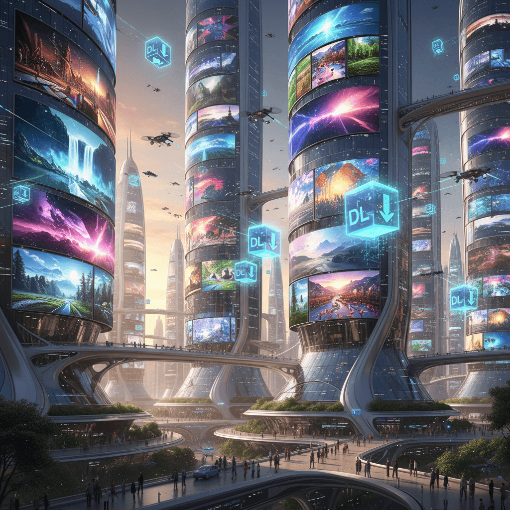 드론이 접근하여 건물이 무료 이미지를 전시하는 미래 도시 풍경은 광범위한 무료 이미지 사이트를 의미합니다.