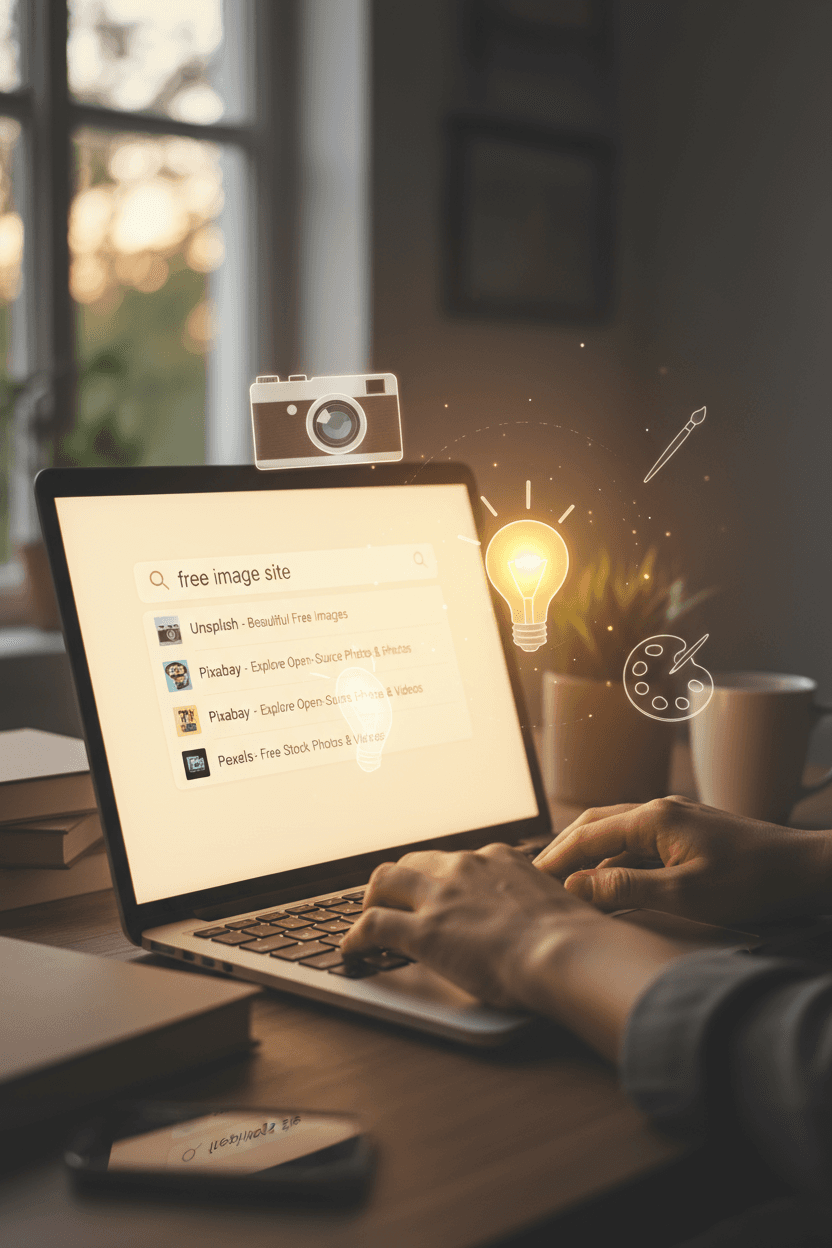 노트북으로 무료 이미지 사이트를 검색하는 손과 주변에 떠오르는 창의적인 아이콘들.