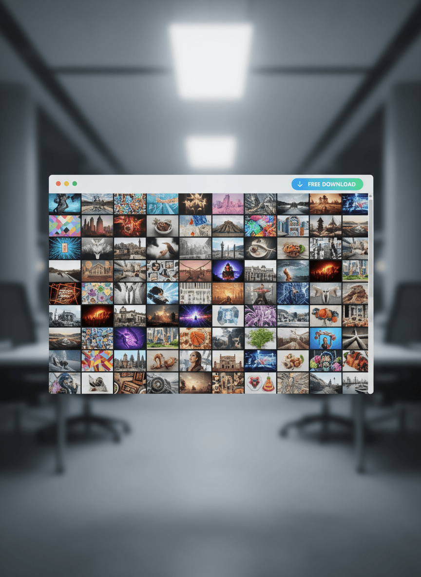 끊임없이 스크롤되는 멋진 이미지들과 명확한 '무료 다운로드' 버튼이 있는 현대적인 브라우저 창으로, 쉬운 접근성을 강조합니다.