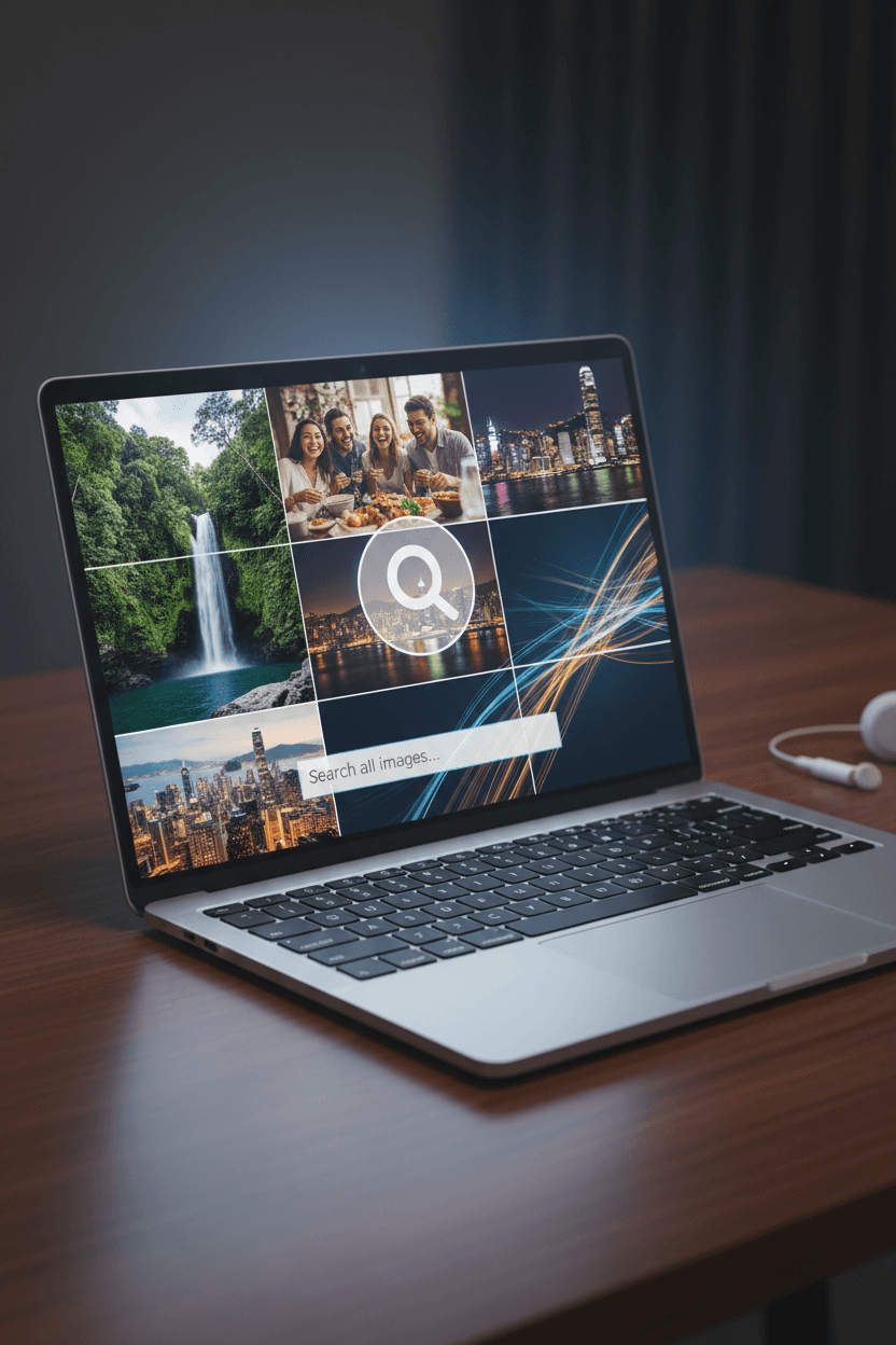 무료 이미지 웹사이트를 나타내는 검색창과 함께 다양한 이미지 콜라주가 표시된 노트북 화면.