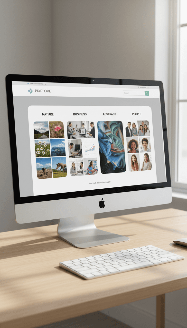 무료 이미지의 카테고리와 썸네일 미리보기를 보여주는 모니터의 사용자 친화적인 웹사이트 인터페이스.