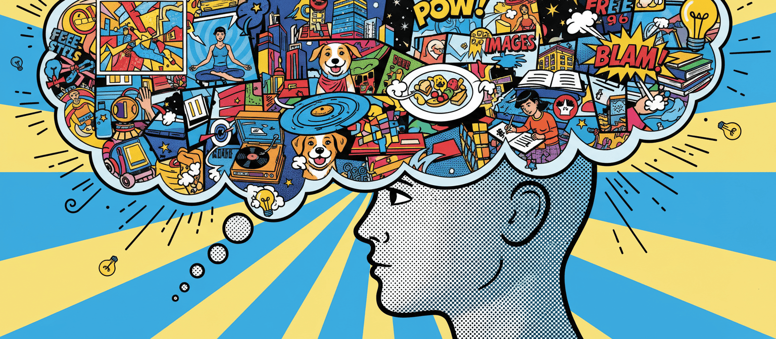 사용자의 머리 위에 다양한 이미지로 가득 찬 생각 풍선, 무료 이미지 사이트로부터 얻은 영감을 의미합니다.