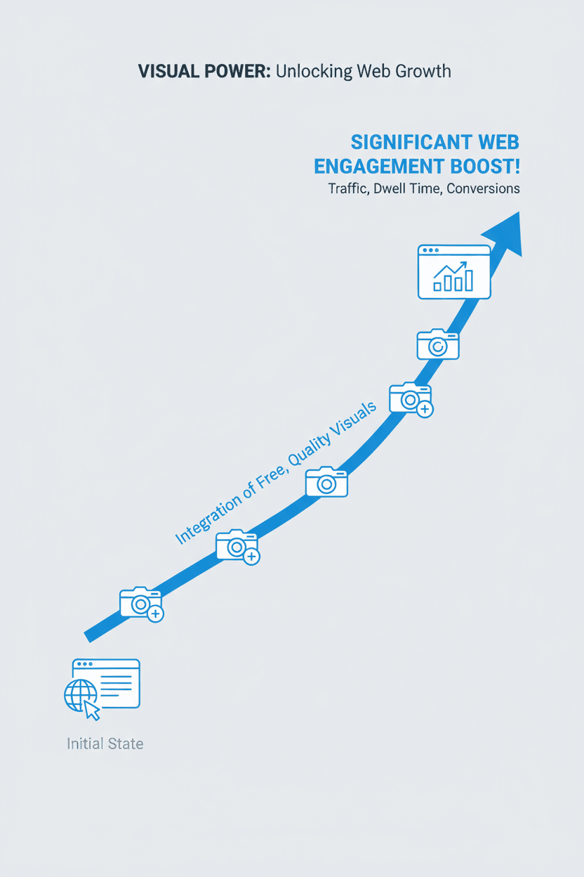 웹사이트와 이미지 아이콘이 오버레이된 상승 곡선 그래프가 무료 이미지 사용이 웹 참여에 미치는 긍정적인 영향을 보여준다.