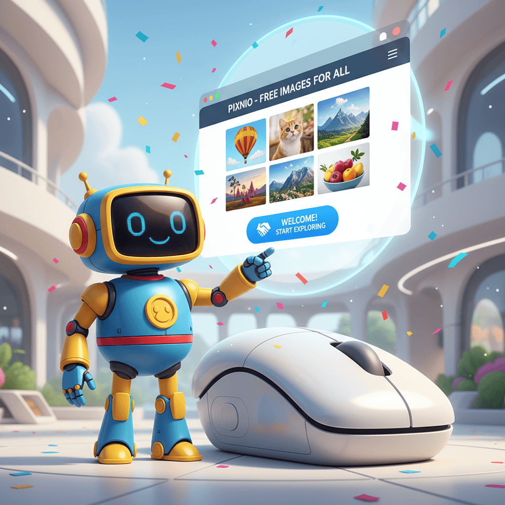 친근한 로봇 마스코트가 웹 브라우저에 표시된 무료 이미지 웹사이트를 가리킵니다.