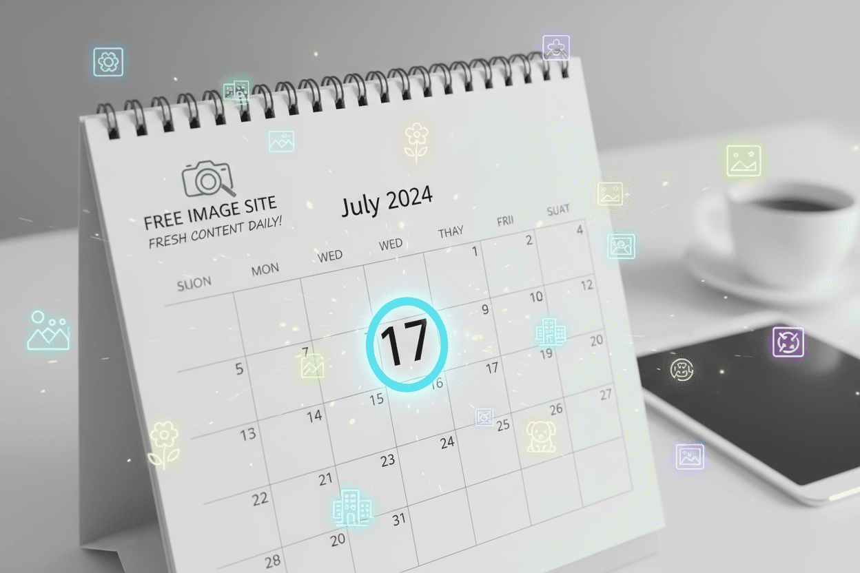 오늘 날짜가 강조된 달력 주위에 새로운 이미지 아이콘들이 있어 무료 이미지 사이트의 빈번한 업데이트를 나타낸다.