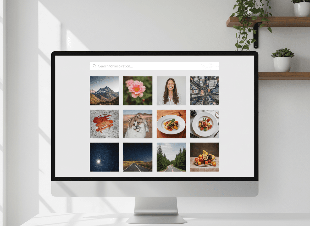 깨끗하고 미니멀한 무료 이미지 웹사이트 인터페이스에 눈에 띄는 검색 바와 아름다운 사진 그리드가 있습니다.