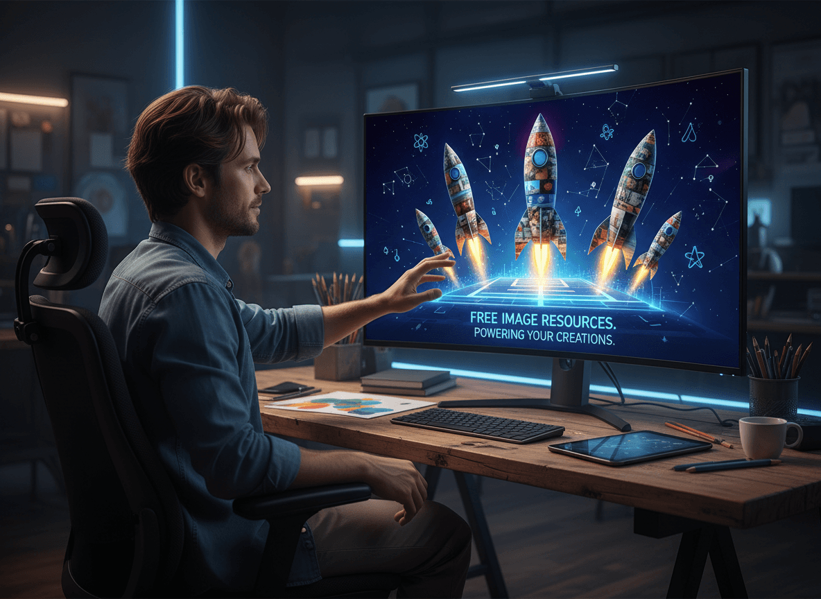무료 이미지 사이트를 발사대로 사용하여 이미지 로켓이 별이 빛나는 디지털 하늘로 발사되는 모습, 새로운 창작물을 상징.